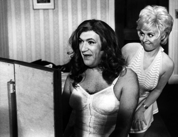 Bernard Bresslaw femulating in the 1973 British film Carry On Girls.