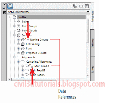 A surface data reference and an alignment data reference shown along with other surfaces and alignments in Prospector