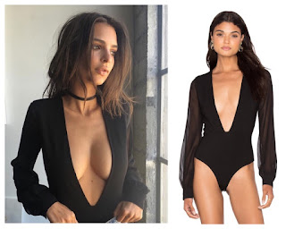 Emily Ratajkowski in black LPA low plunging bodysuit top