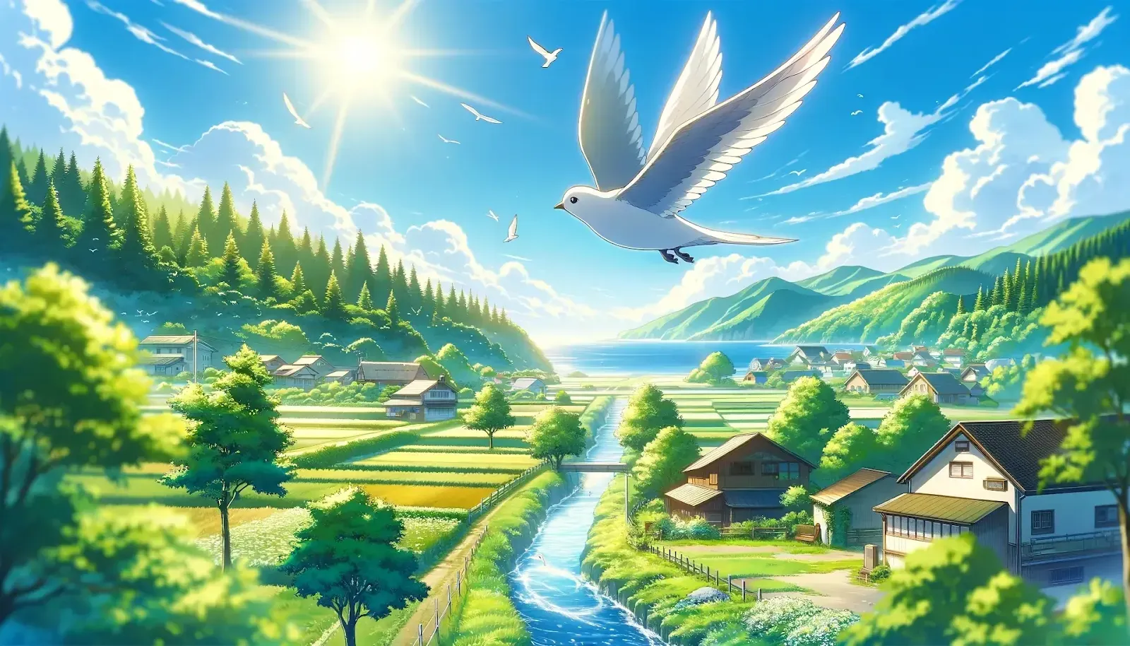 Ptak anime w locie nad wyspą