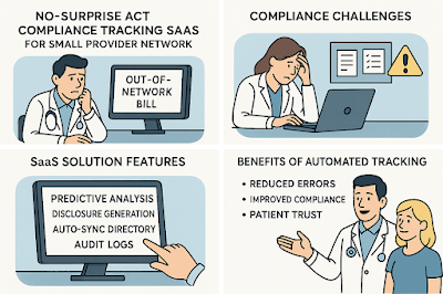 Four-panel digital comic about No-Surprise Act compliance for small provider networks. Panel 1: A worried doctor looks at a computer screen showing “OUT-OF-NETWORK BILL.” Panel 2: A stressed female healthcare worker holds her head in frustration while looking at her laptop, with warning icons in the background. Panel 3: A computer screen displays features like “PREDICTIVE ANALYSIS,” “DISCLOSURE GENERATION,” “AUTO-SYNC DIRECTORY,” and “AUDIT LOGS” with a pointing hand. Panel 4: A smiling doctor explains benefits to a happy patient, with bullet points: “REDUCED ERRORS,” “IMPROVED COMPLIANCE,” and “PATIENT TRUST.”