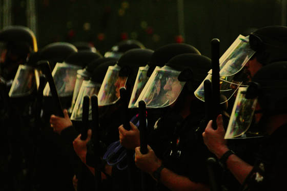 A Denver police SWAT team performing crowd control during the Democratic National Convention.