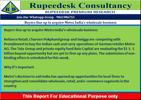 Buyers line up to acquire Metro India’s wholesale business - Rupeedesk Reports 27.06.2022