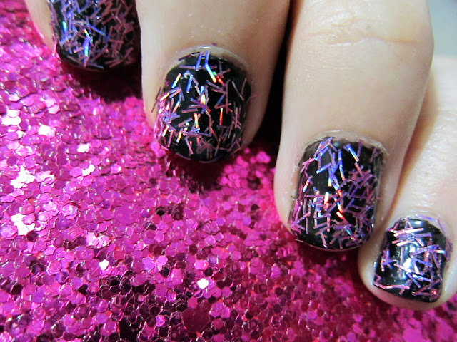 Orly Nail Lacquer in Liquid Vinyl (Black base colour) and Orley Nail Lacquer in Be Brave (Glitter strips)