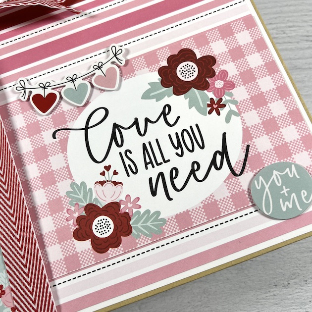 Love Valentine's Day Scrapbook Album cover with hearts, flowers, and a pretty pink gingham