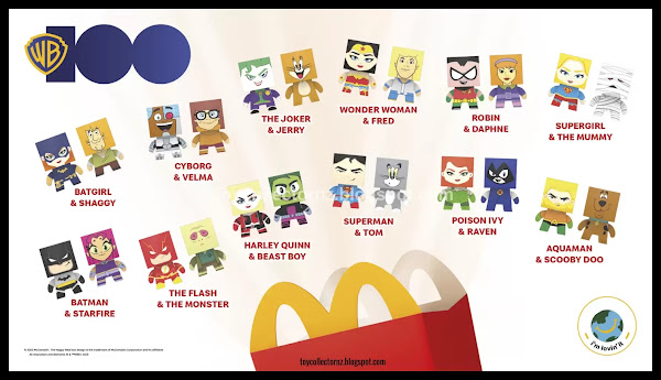McDonalds Warner Bros Anniversary Happy Meal Toys 2023 Set of 24 includes batman, shaggy, cyborg, velma, joker, jerry, wonder woman, fred,