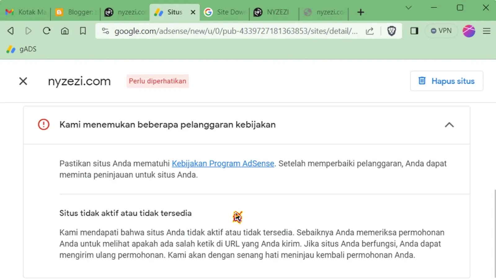 Cara Mengatasi Situs Tidak Aktif atau Tidak Tersedia di Google AdSense by @aezife