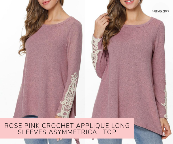 Rose Pink Crochet Applique Long Sleeves Asymmetrical Top - Lookbook Store