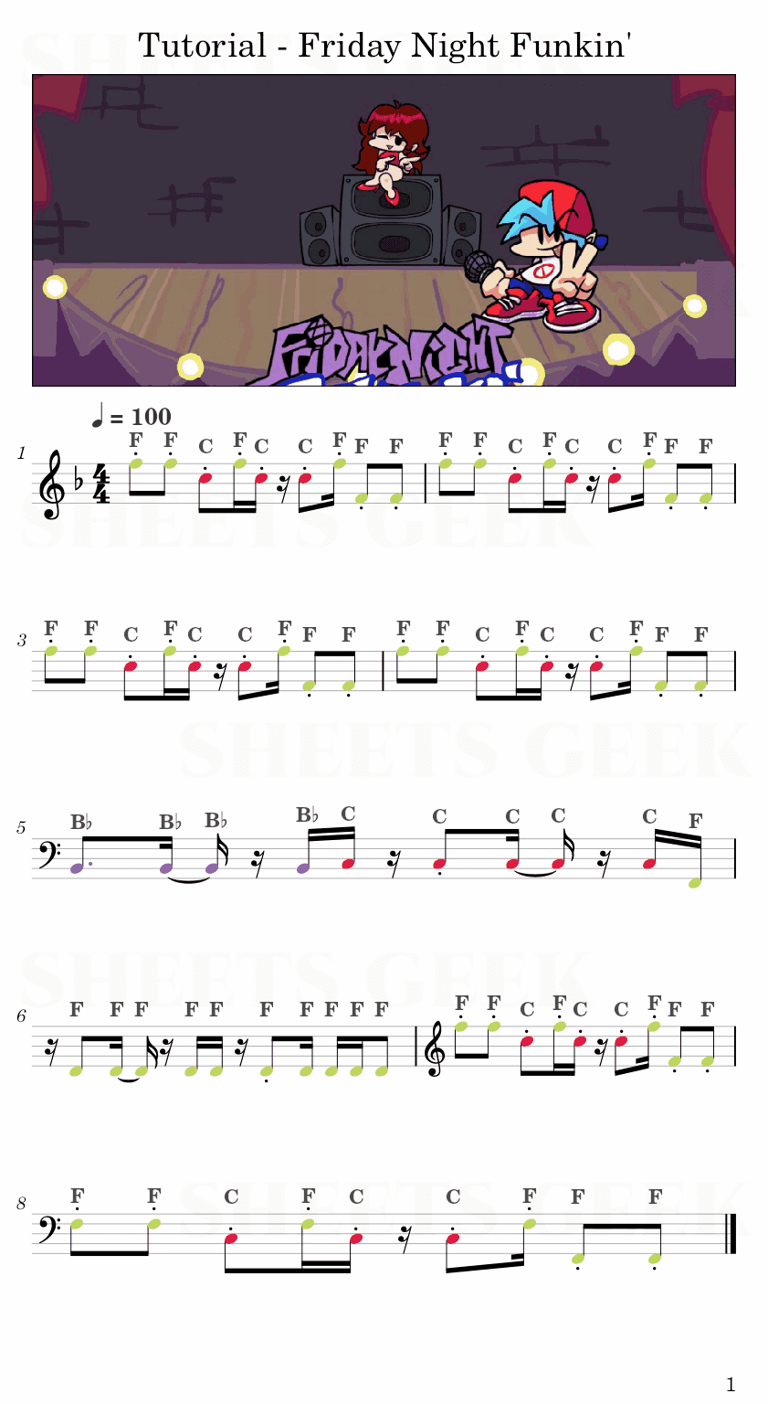 Tutorial - Friday Night Funkin' Easy Sheet Music Free for piano, keyboard, flute, violin, sax, cello page 1