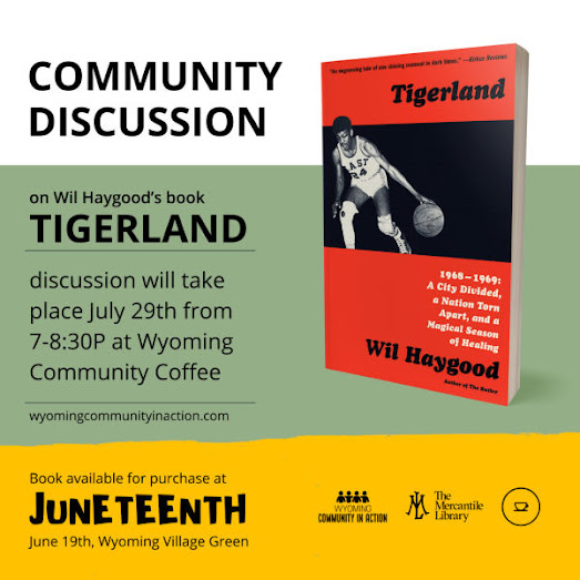 A graphic discussing the WCIA community discussion centered on Will Haygood's book, Tigerland.