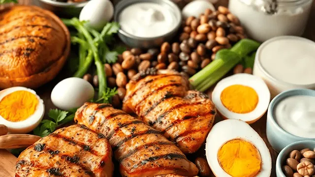 Close-up of assorted high-protein foods like grilled chicken, eggs, legumes, nuts, and dairy on a wooden table, showcasing variety and abundance.