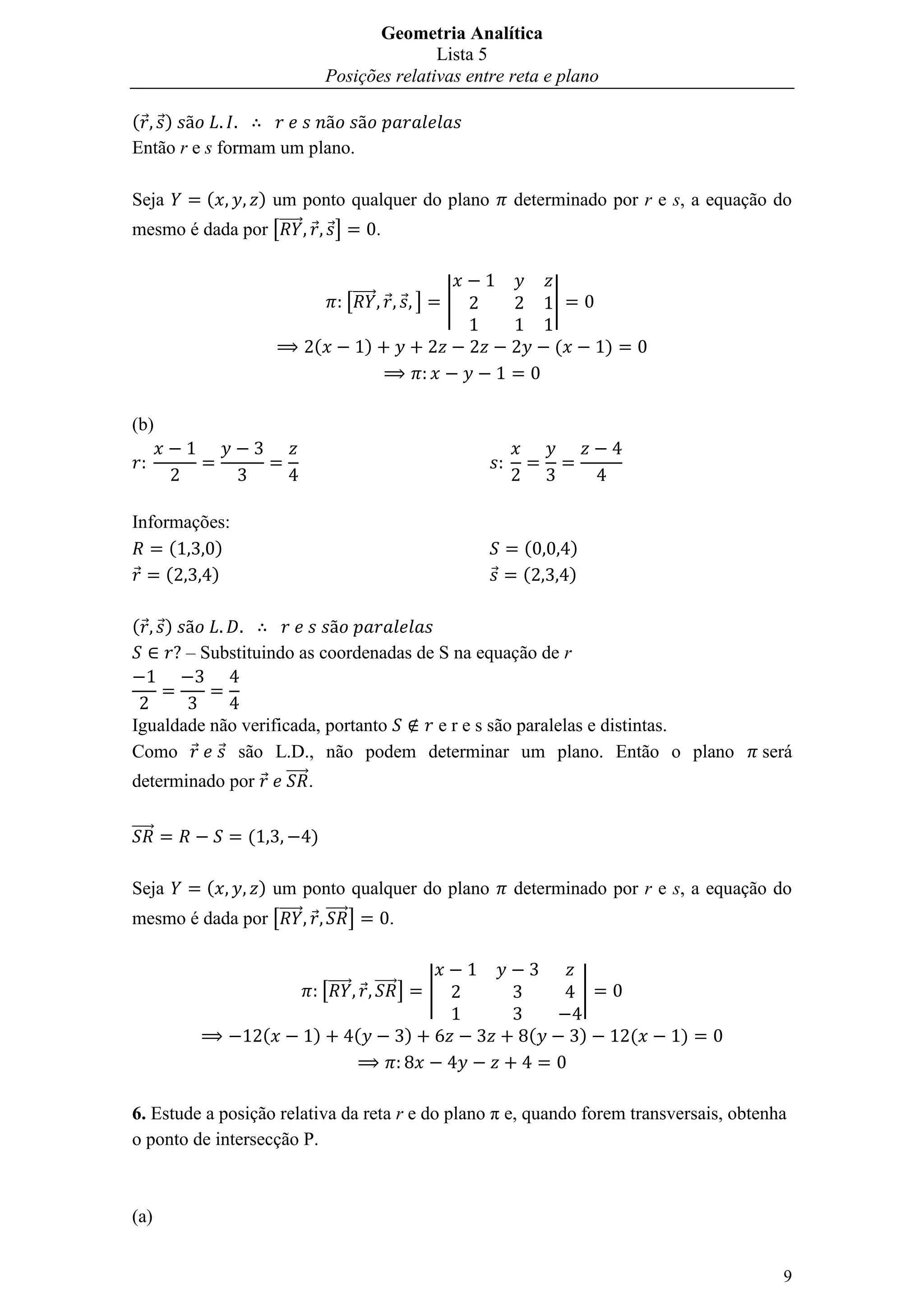 Lista de Exercícios sobre posição relativa entre reta e plano