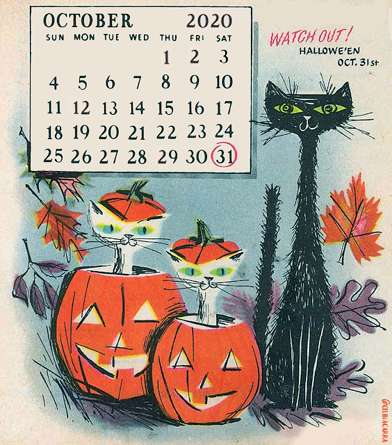 an October 2020 one page calendar featuring a vintage-looking black cat with spiky fur, two smaller white cats inside of Jack-O-Lanterns with the pumpkin tops on their heads, as well as fall leaves. It shows a calendar layout with October 31st circled, and text stating "Watch Out! Halloween, Oct 31st" to the right. this is the edited version of the 1957 norcross calendar.