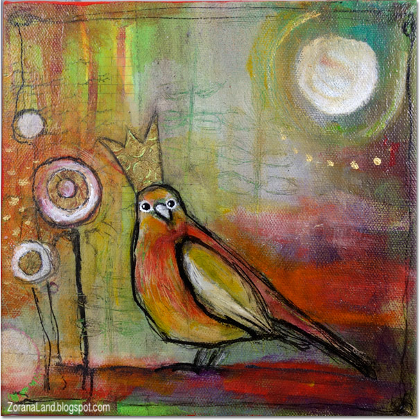 mixed media painting  canvas bird crown Zorana art Zoranaland