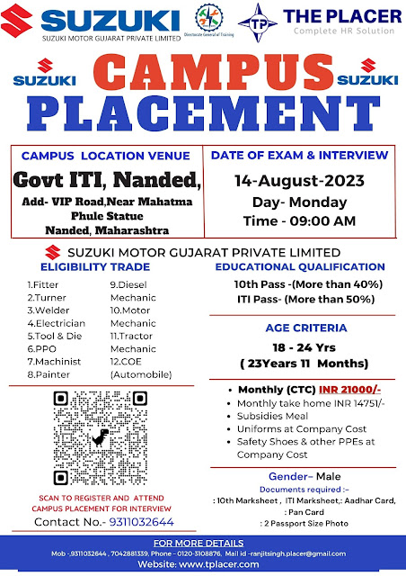 ITI Jobs Campus Placement in Govt ITI Nanded, Maharashtra for Suzuki Motors