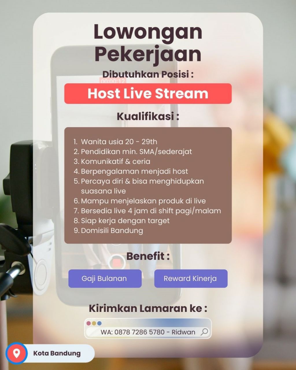 Lowongan Kerja Host Live Stream Bandung Maret 2024