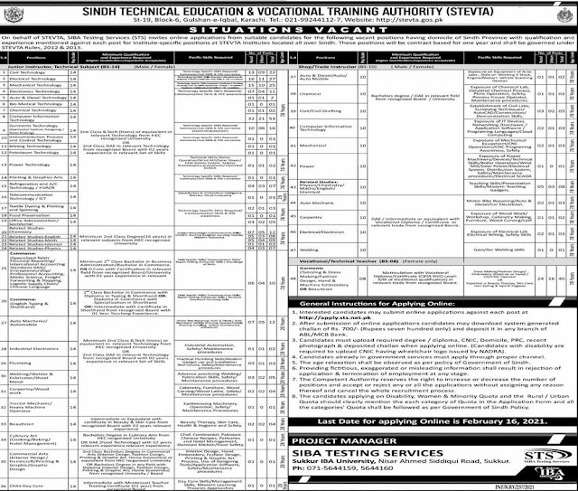 Sindh Technical Education & Vocational Training Authority STEVTA Jobs 2021 Latest  STEVETA IBA testing services ( Sts ) invite online application for their vacant post 2021