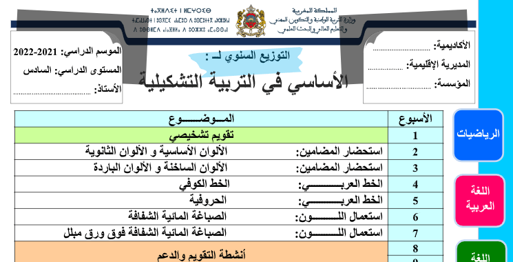 التوزيع السنوي الاساسي في التربية التشكيلية المستوى السادس 2023 2024 word