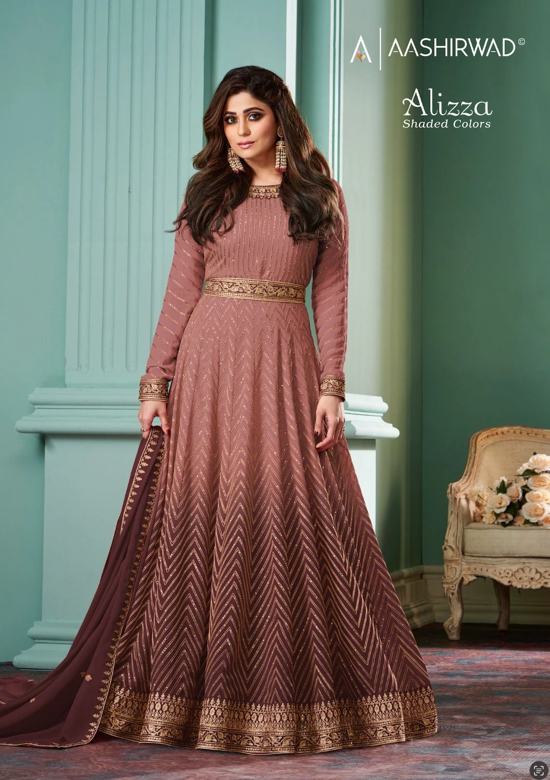 Alizza Shaded Colors Aashirwad Creation Georgette Gown Dupatta Set