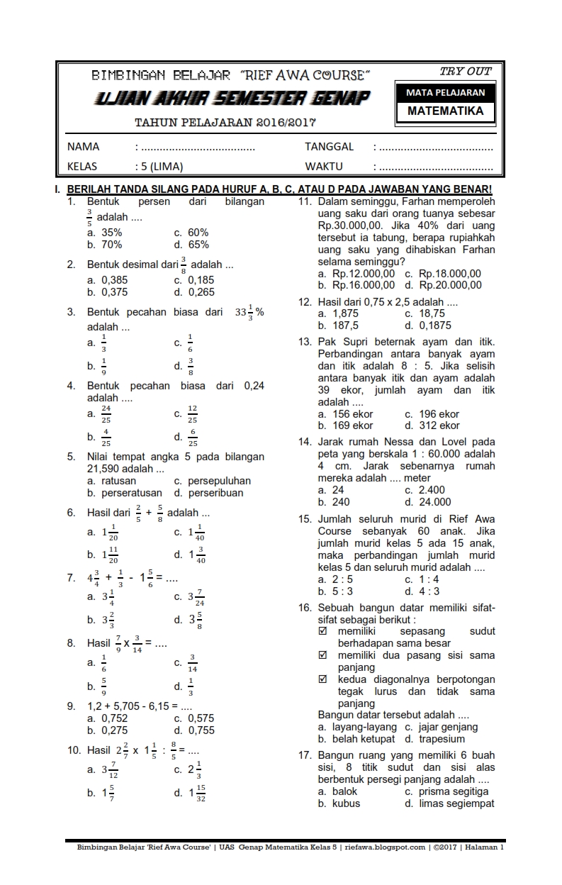 Download Soal Ukk Uas Genap Matematika Kelas 5 Sd Mi Semester