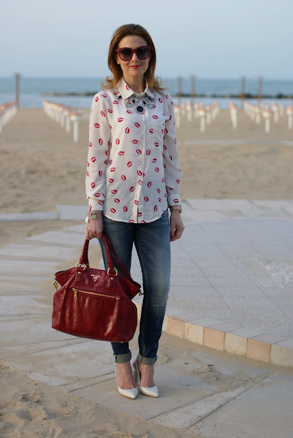 Sheinside long sleeved lips print shirt, Prada red bag, Fashion and Cookies