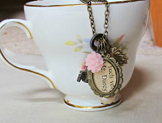 image mr darcy pride and prejudice boho chic charm necklace literature jane austen pastel baby pink vintage skeleton key two cheeky monkeys