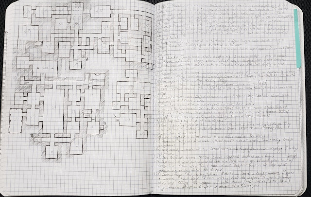 2 page spread from a graph paper notebook. The left side has a pencil and ink dungeon map, and the right side has the room descriptions.