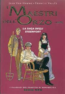 I Classici del Fumetto di Repubblica - Serie Oro 45 [I Maestri Dell'Orzo - La saga degli Steenfort] - 29 Luglio 2005 | CBR 215 dpi | Mensile | Fumetti Classici | Ragazzi
Numero volumi : 65
I volumi di questa collana si fregiano dell'appellativo di Serie Oro per sottolineare la migliore qualità tecnica delle edizioni, con un formato di 18x26 cm, ben più ampio rispetto a quello dei volumi precedenti, e con stampa su carta di qualità. Si tratta inoltre di volumi molto corposi, che superano tranquillamente le 200 pagine e talvolta oltrepassano anche le 400.
La selezione delle storie de I Classici del Fumetto di Repubblica - Serie Oro è abbastanza varia, riservando un notevole peso ad autori e personaggi contemporanei già molto noti, dai personaggi Disney a quelli Bonelli, dai personaggi Marvel a quelli DC Comics. Non mancano fumetti di altro tipo, opere di grandi artisti italiani (Pratt, Manara, Crepax, Magnus), autori statunitensi ed anche giapponesi (Otomo), fumetti in strisce (Peanuts, Mafalda, Lupo Alberto, Sturmtruppen) a fumetti seriali (Alan Ford, Dylan Dog, Diabolik). Sono stati selezionati alcuni autentici capolavori moderni, come il Watchmen di Moore e Gibbons o il Sandman di Gaiman, o il Mort Cinder di Oesterheld e Breccia. Ed altrettanto interessante è il recupero di alcuni surreali ed indimenticabili personaggi italiani come Geppo, Nonna Abelarda e Tiramolla.