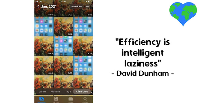 Picture of a screenshot with file thumbnails and the words 'Efficiency is intelligent laziness' by David Dunham