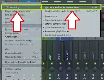 Изображение выбора пункта Render armed tracks to wave file(s) в меню микшера