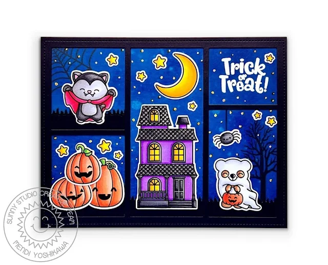 Sunny Studio: Halloween Critters with Haunted House Card (using Too Cute To Spook, Scaredy Cat Stamps & Comic Strip Everyday Die)