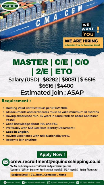 Job for Ship Crew Equinox Shipping EBU Agustus 2023