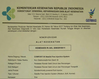 Jonadoctor,Health and Business, Sertifikat Ijin Edar Kemenkes Republik Indonesia untuk Injektor Comfort In KEMENKES RI AKL 20902818911