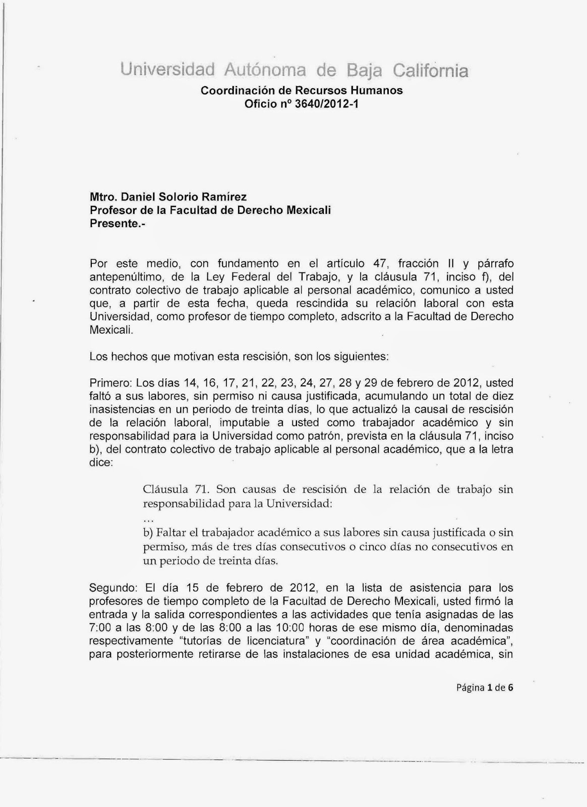 Oficio 3640/2012-1: Rescisión a Daniel Solorio Ramírez 