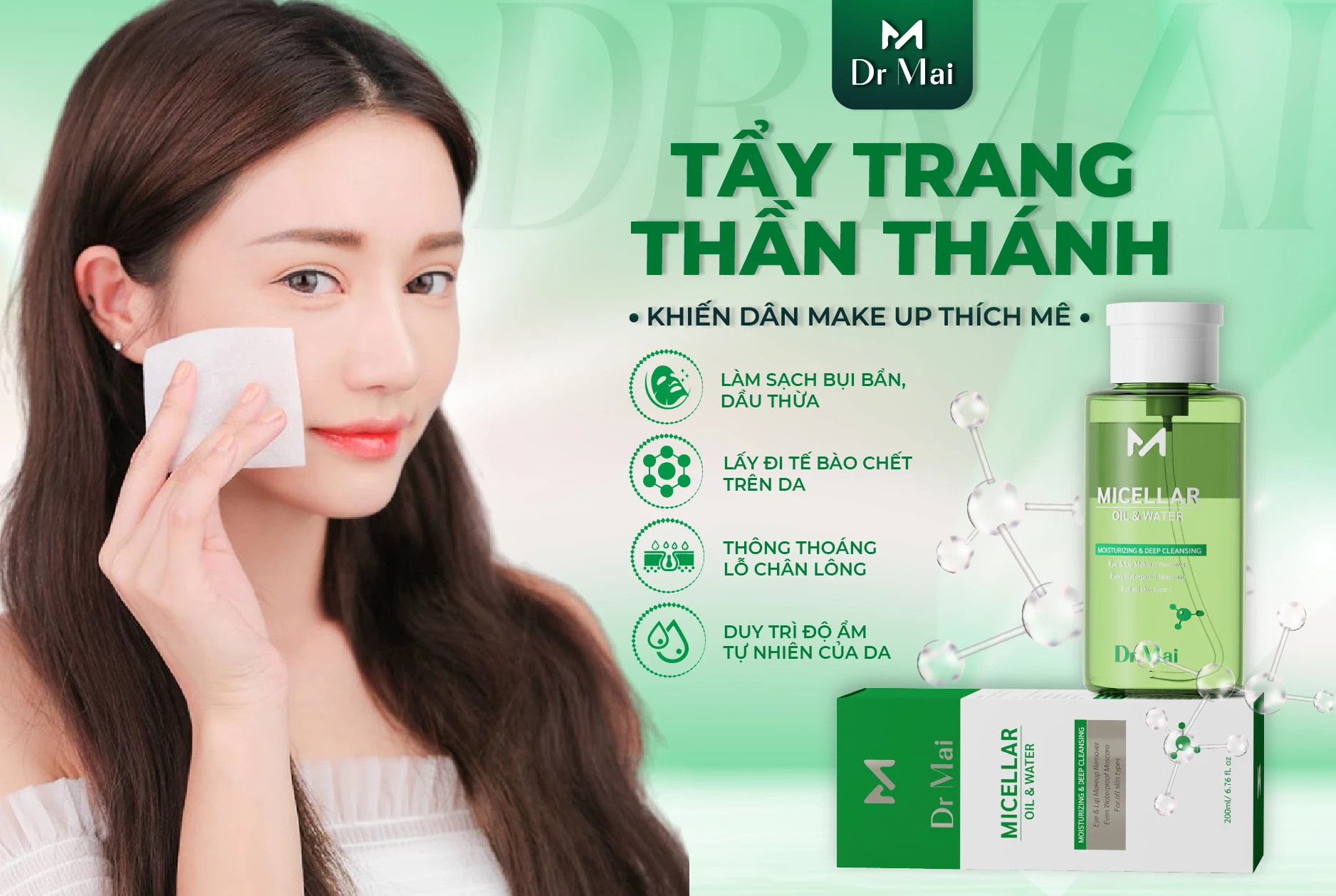Nước tẩy trang Dr Mai giúp loại bỏ bụi bẩn, lớp makeup cứng đầu