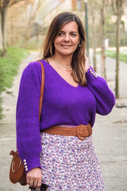 look du jour, mode, jupe sézane, basket stan smith coeur, pull violet, les petites bulles de ma vie