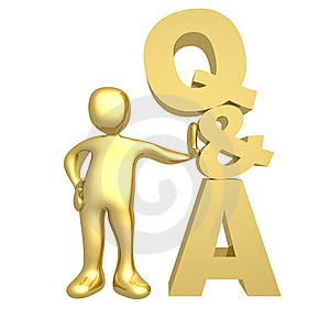 picure is of a little gold man standing next to a large Q & A symbol