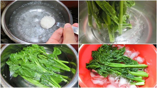 鍋に湯を沸騰させ、塩を加えて再沸騰したらつるむらさきの茎部分のみ先に湯の中に入れます。 1分ゆでたら葉も入れて50秒ゆでたら氷水に浸して冷やし、色止めをします。