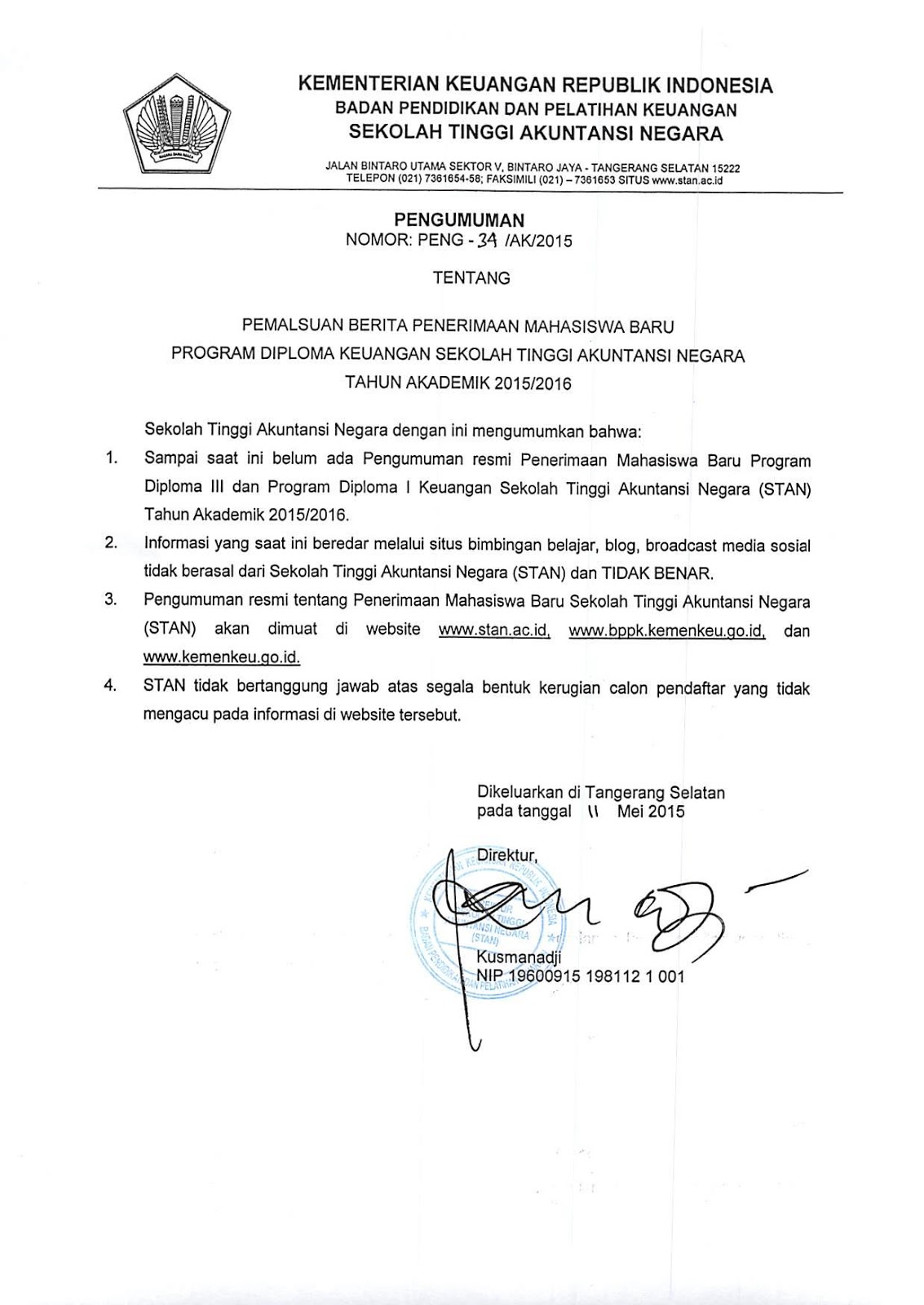 Pemalsuan Berita Penerimaan Mahasiswa Baru Program Diploma 