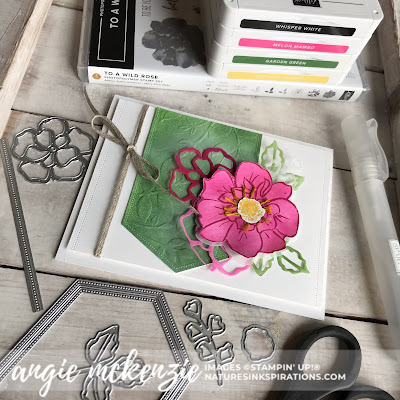 By Angie McKenzie for Kylie's International Highlights Top Ten Winners Blog Hop; Click READ or VISIT to go to my blog for details! Featuring the To A Wild Rose Stamp Set and Dies, Stitched Nested Labels Dies, Layered Leaves 3D Embossing Folder; #toawildrosestampset #inspiredbynature #coloredlinenthread #stampinupinks  #fauxoxidetechnique #fussycutting #encouragementcards #cardtechniques #vellumlayers