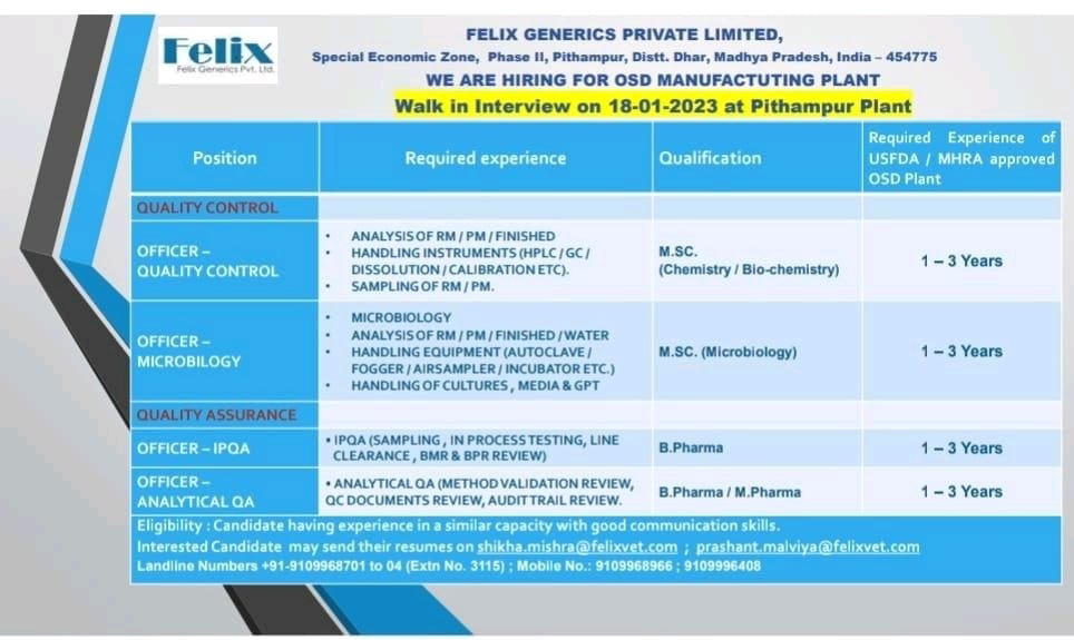 Job Availables, Felix Generics Pvt Ltd Walk In Interview For Quality Control/Quality Assurance Department