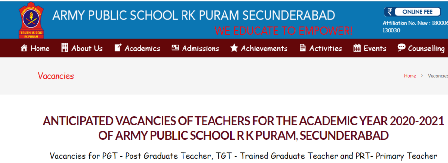 Army Public School Teacher Recruitment 2019 – 46 APS PGT, TGT & PRT Vacancy Vacancies for PGT - Post Graduate Teacher, TGT - Trained Graduate Teacher and PRT- Primary Teacher | Army Public School Teacher PGT, TGT & PRT Recruitment 2019 – Released on Official website. Army Public School R K Puram, Secunderabad has released the notification for 46 Teacher (PGT TGT PRT) post on the official site. Interested & Eligible candidates can send their Application Form on or before 05.01.2020/2019/11/army-public-school-teacher-recruitment-notification-2019-aps-pgt-tgt-prt-notification-vacancy-online-application-apsrkpuram.edu.in-vacancies.html