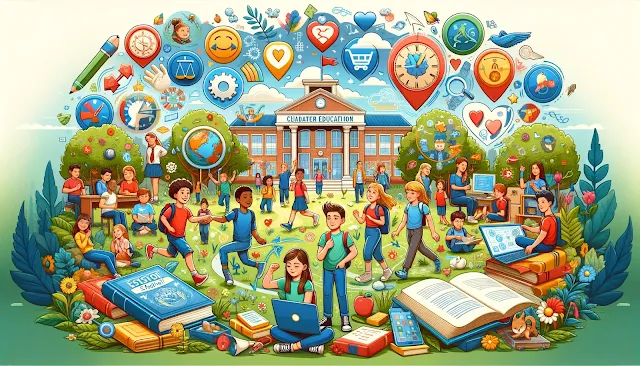 Sebuah ilustrasi yang menggambarkan konsep pendidikan karakter, memperlihatkan sekelompok siswa yang beragam dari berbagai usia dan latar belakang, terlibat dalam berbagai bidang
