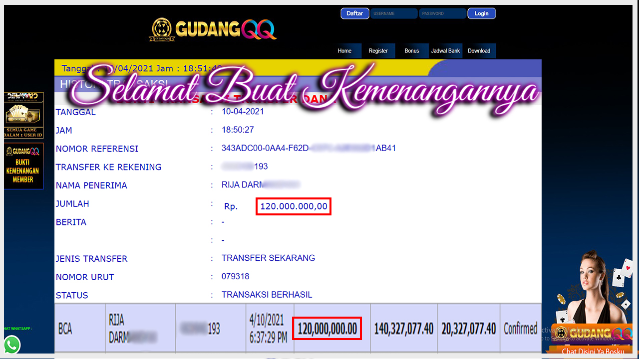 Selamat Kepada Member Setia GudangQQ WD sebesar Rp. 120,000,000.-