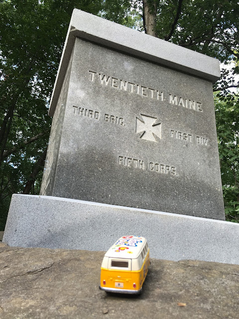 The yellow van at the marker for the 20th Main on Little Roundtop at Gettysburg