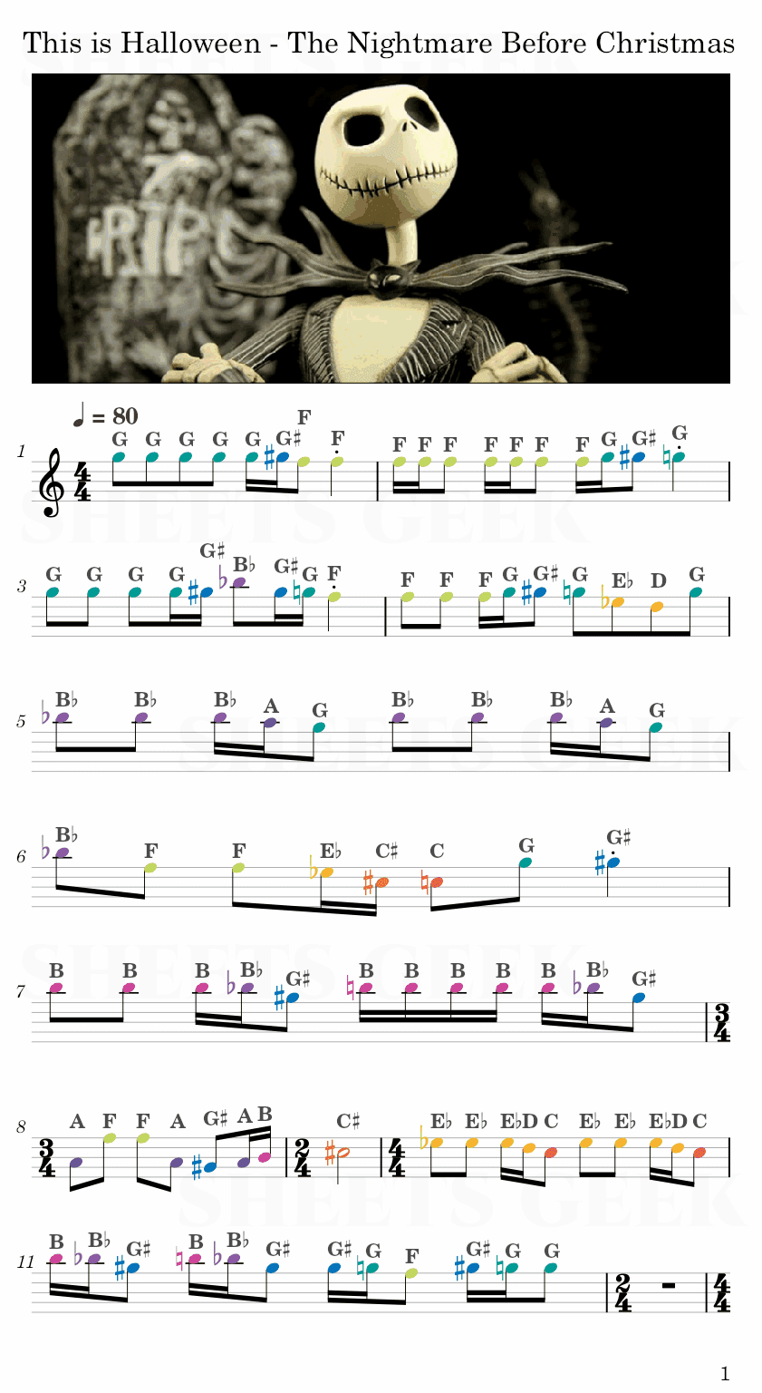 This is Halloween - The Nightmare Before Christmas Easy Sheet Music Free for piano, keyboard, flute, violin, sax, cello page 1