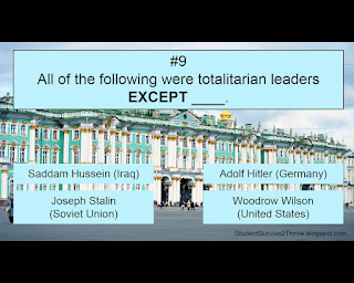 All of the following were totalitarian leaders EXCEPT ____. Answer choices include: Saddam Hussein (Iraq), Adolf Hitler (Germany), Joseph Stalin (Societ Union), Woodrow Wilson (United States)