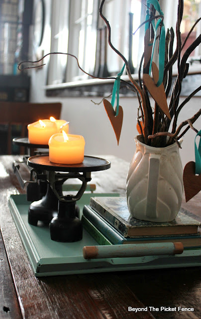 centerpiece, tray, scale, balance, candles, fusion mineral paint, ironstone, twigs, DIY, http://bec4-beyondthepicketfence.blogspot.com/2016/01/how-to-make-centerpiece.html