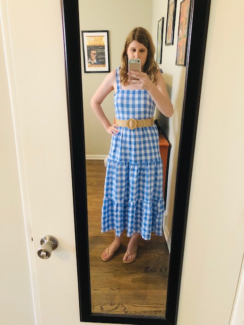 Blue Gingham Dress with Rattan Belt