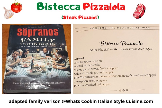 this is a collage of the cookbook for pizzaiola from the Soprano series